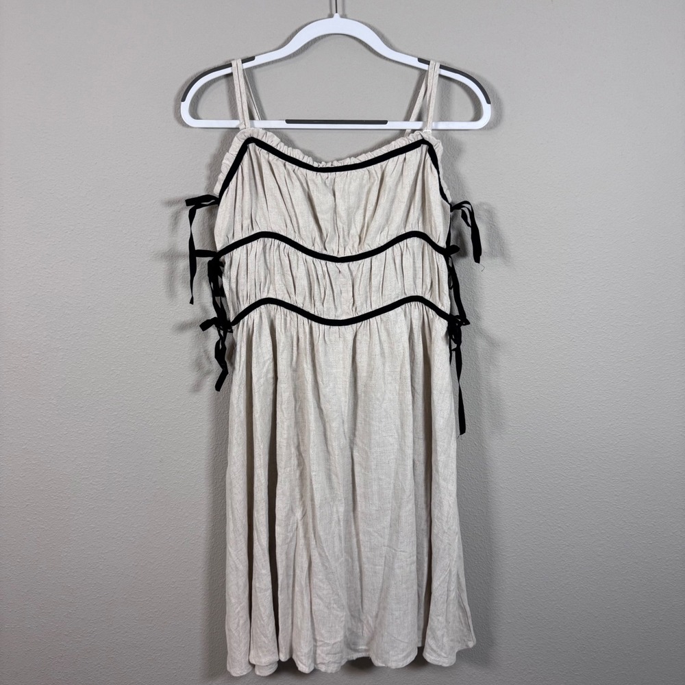 Veveret Goddess at Tea Dress Black Side Tie Linen Blend Mini Cottagecore L NWT